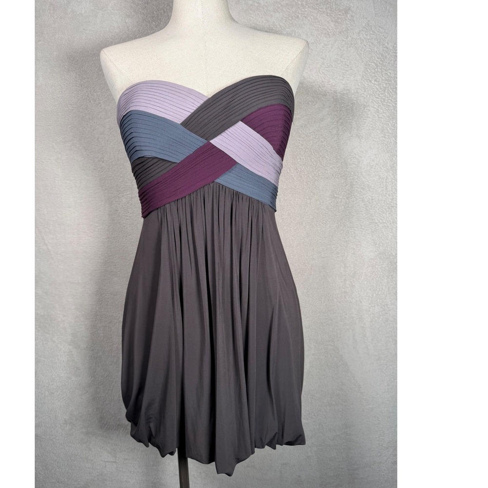 BCBGMAXAZRIA Strapless Colorblock Bandage Bubble Hem Mini Dress Purple Grey 06